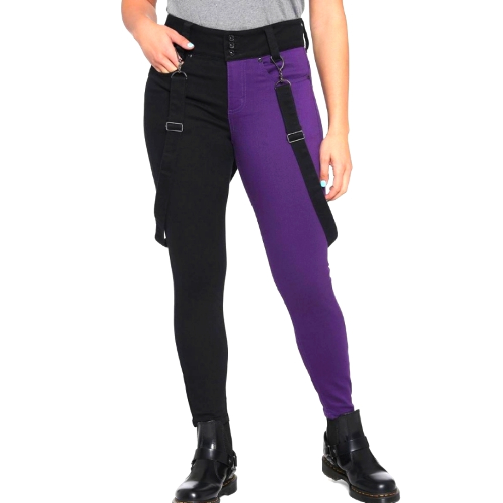 Hot Topic Denim Black & Purple Split Suspender Hi-Rise Super Skinny Jeans Size 7